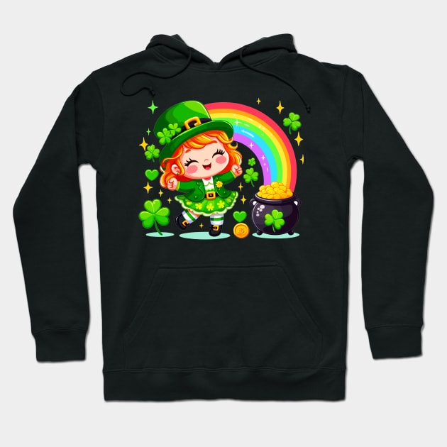 A cute Irish Lassie dancing an Irish jig celebrates St Patrick's Day with a rainbow pot of gold and shamrocks Irish Pride Irish American four leaf clovers Irish dance Hoodie by Tees 4 Thee